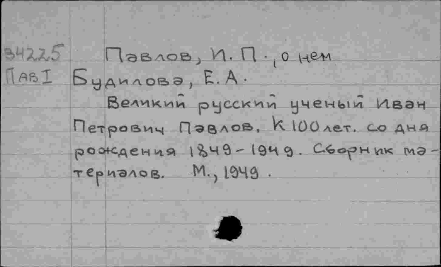 ﻿
Павлов; И ■ П • (о
БудилОВЭ) Е.. А ■
Величин русский ученый и.вэч Петрович Павлов, И. ЮОлет. со дня рождения 1^Чв-19Ч$. С-€орн0к мэ терэлов.	•